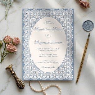 Invitation Mariage élégant en bleu poussiéreux et dentelle iv