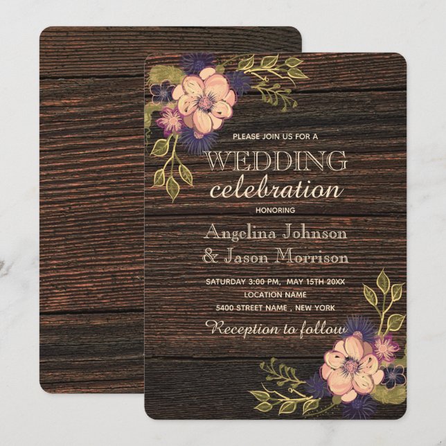 Invitation Mariage élégant en bois floral (Devant / Derrière)
