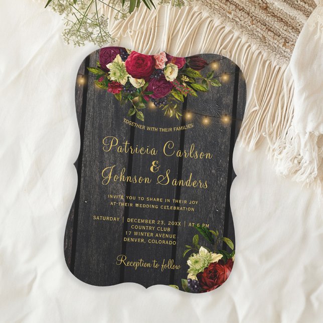 Invitation Mariage élégant en bordeaux floral rustique en boi (Créateur téléchargé)