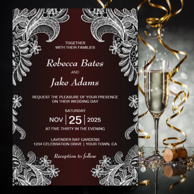 Invitation Mariage élégant en dentelle blanche et burgundy (Créateur téléchargé)