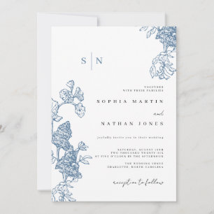 Invitation Mariage Élégant en Dentelle Fleurie Bleue
