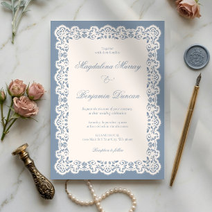 Invitation Mariage élégant en dentelle ivoire bleu poussiéreu