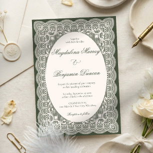 Invitation Mariage élégant en dentelle ivoire vert olive vint