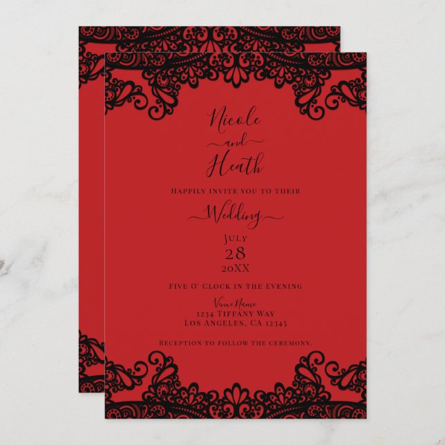 Invitation Mariage élégant en dentelle rouge et noire (Devant / Derrière)