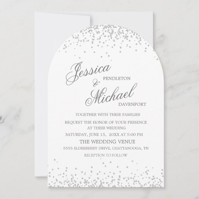 Invitation Mariage élégant en écriture script argenté blanc (Devant)