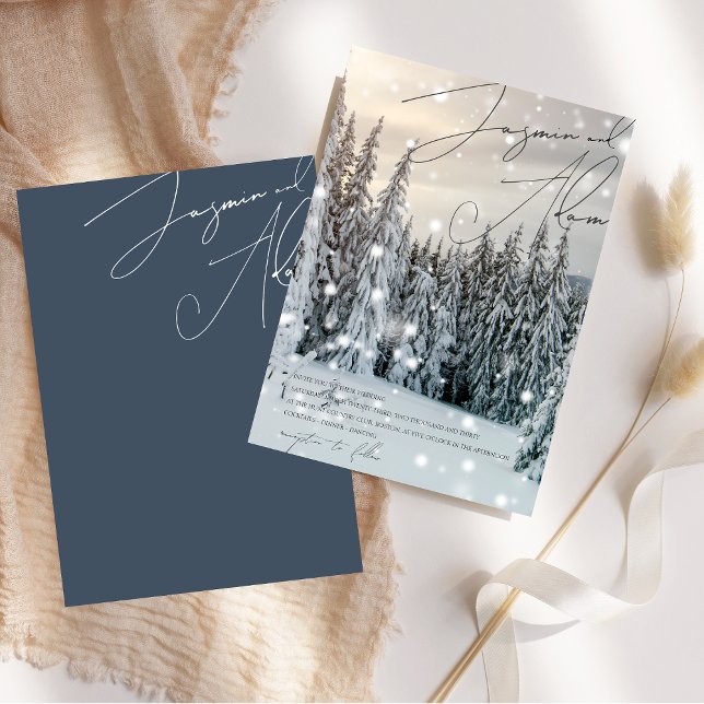 Invitation Mariage Élégant en Forêt Enneigée de Conte de Fées (Winter Wonderland Woodland Snow Script Wedding Invitation)
