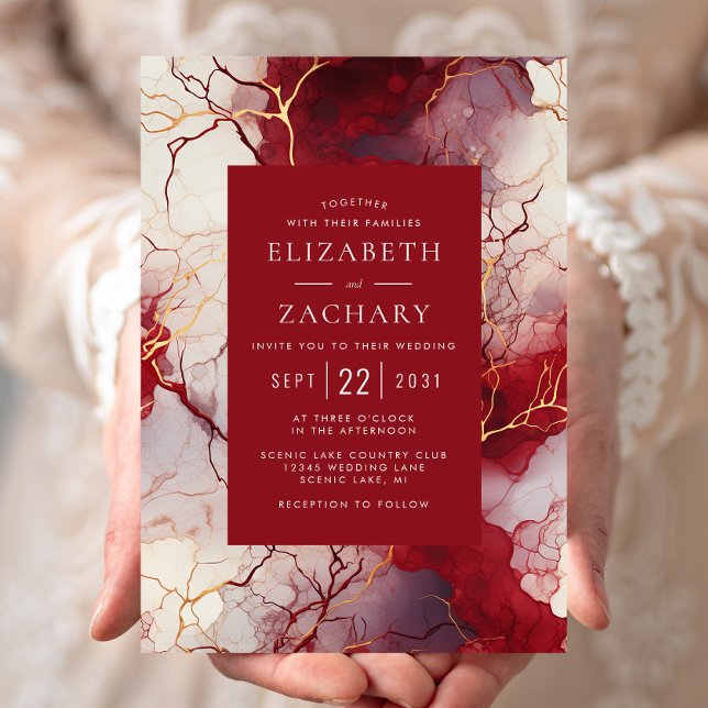 Invitation Mariage élégant en marbre rouge or blanc (Créateur téléchargé)