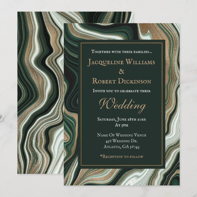 Invitation Mariage élégant en marbre vert et or (Devant / Derrière)