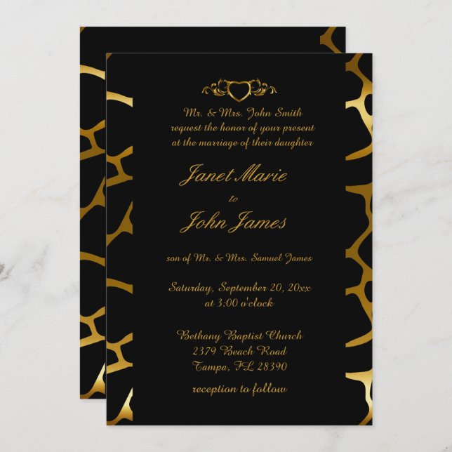 Invitation Mariage élégant en Motif Gold & Black Giraffe (Devant / Derrière)