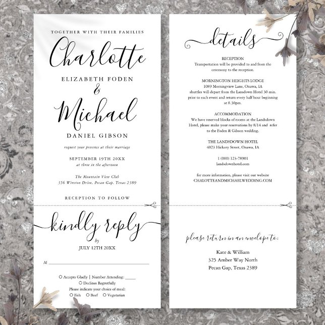 Invitation Mariage élégant en noir et blanc avec une écriture (All In One Black And White Elegant Script Wedding Invitation)