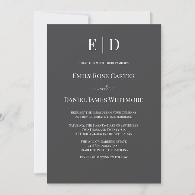 Invitation Mariage Élégant en Noir et Blanc  Monogramme Moder (Devant)