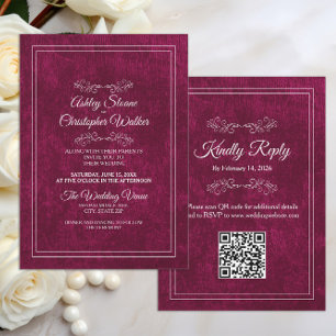 Invitation Mariage élégant en velours bordeaux avec QR code b
