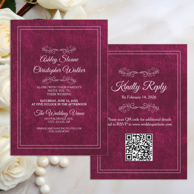 Invitation Mariage élégant en velours bordeaux avec QR code b (Burgundy velvet wedding invitation with your QR code)
