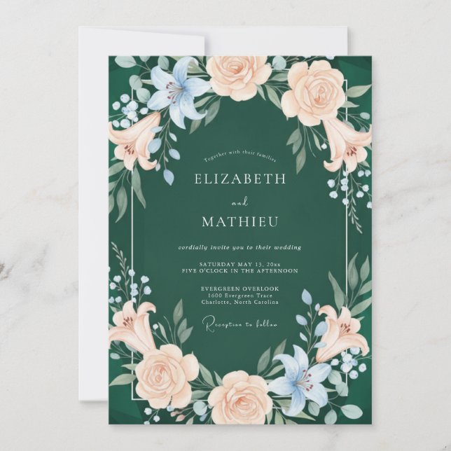 Invitation Mariage Élégant en Vert Forêt de Bois (Devant)