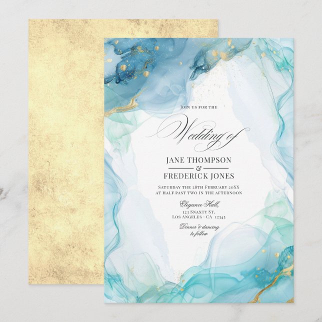 Invitation Mariage Élégant Encre Marbre Bleu et Or (Devant / Derrière)