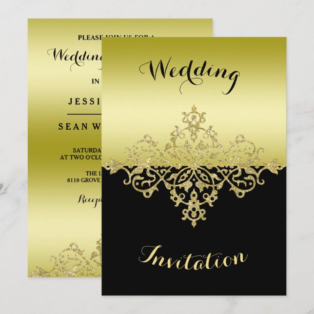 Invitation Mariage élégant et classe or et noir (Devant / Derrière)