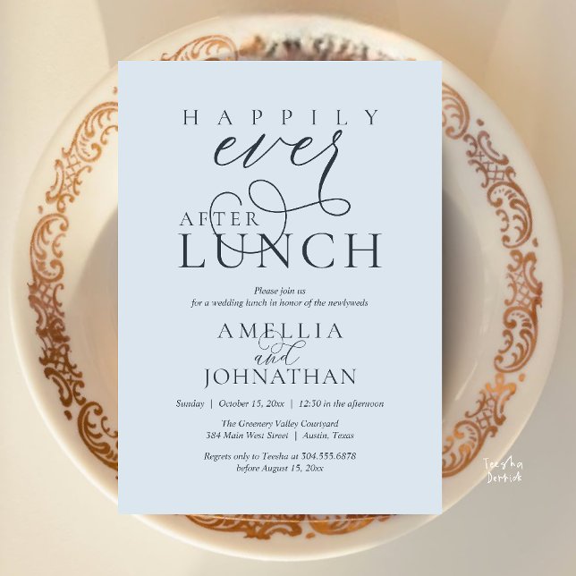 Invitation Mariage Élégant et Déjeuner de Rêve (Happily Ever After Lunch Classy Wedding Elopement Invitation Card in Misty Blue)