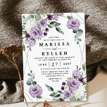 Invitation Mariage élégant et géométrique floral et argenté v<br><div class="desc">Le design présente un cadre géométrique imprimé couleur argent/gris décoré de différents roses floraux aquarelle et d'autres dans de nombreuses teintes de violet foncé,  moyen et clair. Le design comprend également des éléments blancs d'hydrangée et de lys calla entrelacés de verdure et de branches d'eucalyptus.</div>