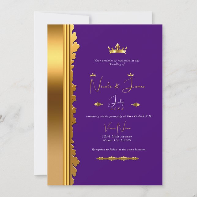 Invitation Mariage Élégant et Glamour de Royal Pourpre et Or (Devant)
