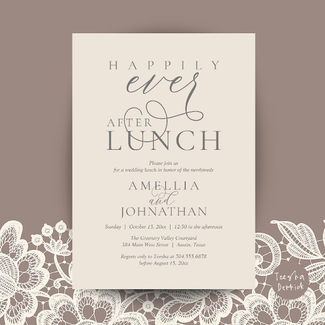 Invitation Mariage Élégant et Intime Après-Midi "Joyeux Pour  (Happily Ever After Lunch Classy Wedding Elopement Invitation Card in Cream and Grey)