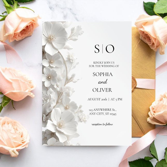Invitation Mariage élégant et luxueux avec fleurs blanches 3D (Créateur téléchargé)