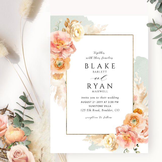 Invitation Mariage Élégant et Simple avec Sage, Pêche et Rose (Créateur téléchargé)