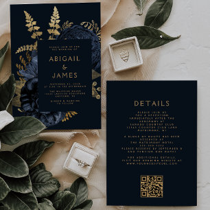Invitation Mariage Élégant et Sombre à Fleurs Bleu Nuit et Or