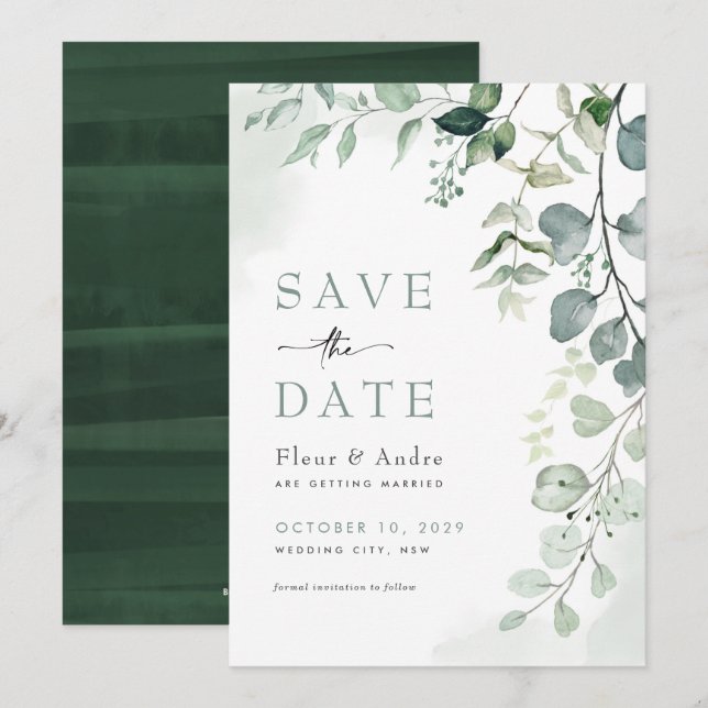 Invitation Mariage élégant et verdoyant Sauvez la date (Devant / Derrière)