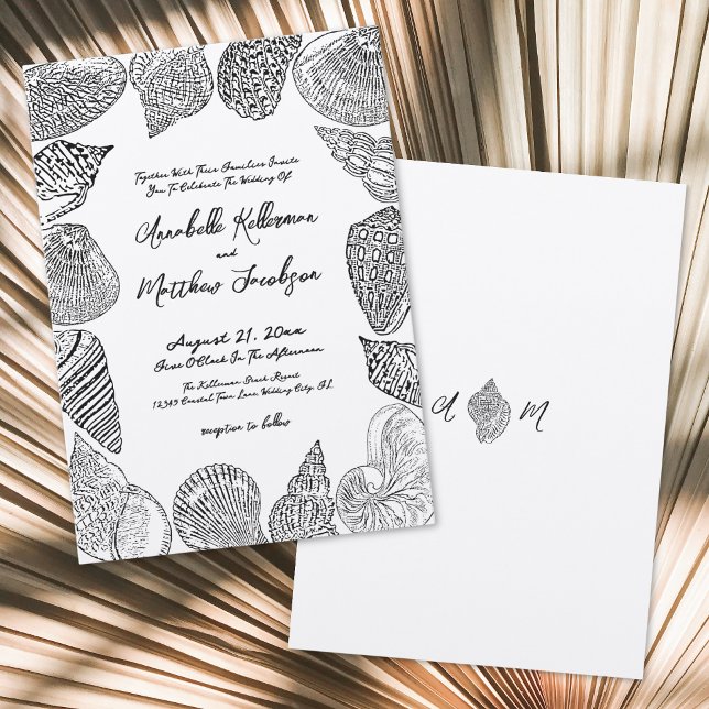 Invitation Mariage élégant et vintage sur la plage avec des c (Elegant Vintage Seashell Beach Wedding Invitation )