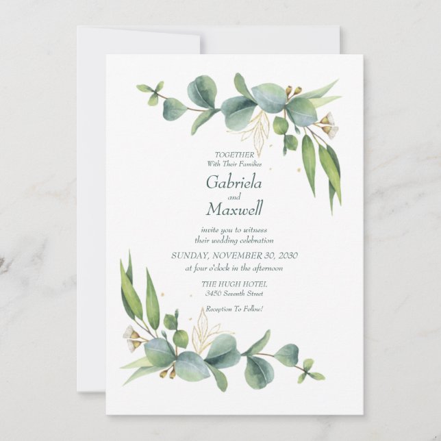 Invitation Mariage Élégant Eucalyptus Blanc et Verdure (Devant)