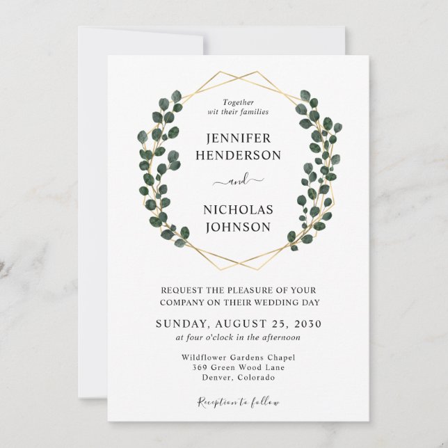 Invitation Mariage élégant eucalyptus cadre or (Devant)