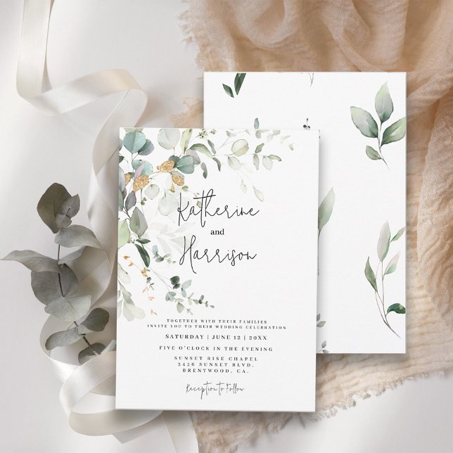 Invitation Mariage Élégant Eucalyptus et Feuillage Doré (Créateur téléchargé)