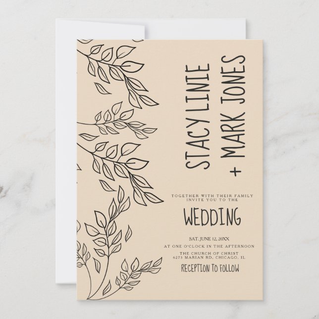 Invitation Mariage élégant feuillage dessiné à la main écritu (Devant)