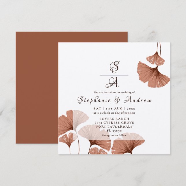 Invitation Mariage Élégant Feuillage Ginkgo Terracotta (Devant / Derrière)