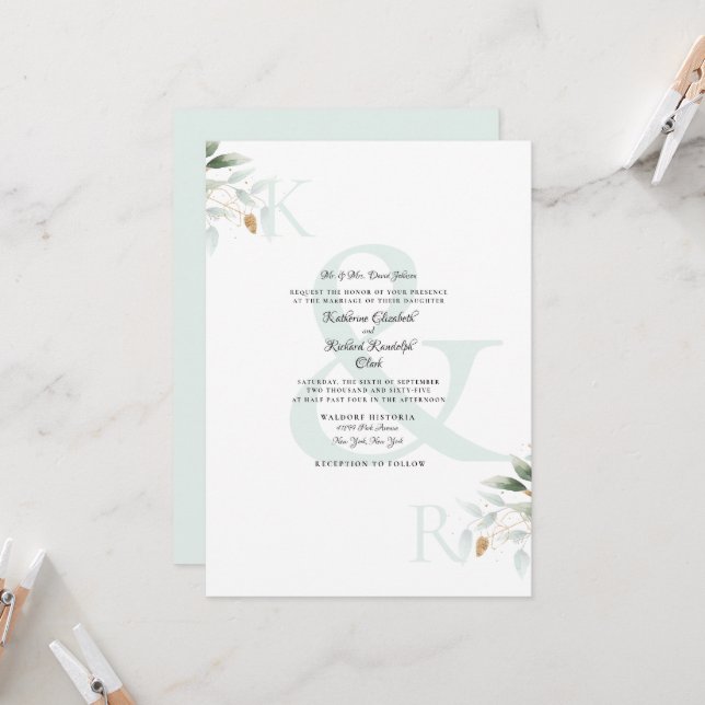 Invitation Mariage Élégant Feuillage & Or Verre de Mer (Devant/Arrière en situation)