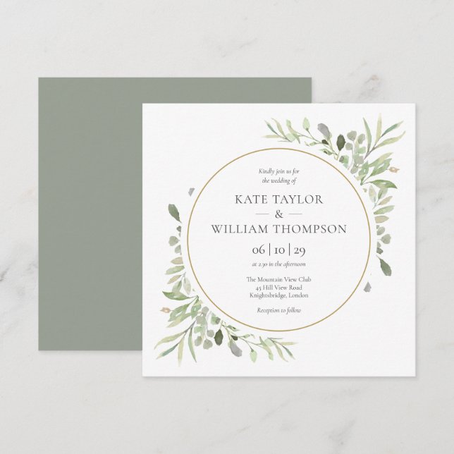 Invitation Mariage Élégant Feuillage Vert (Devant / Derrière)