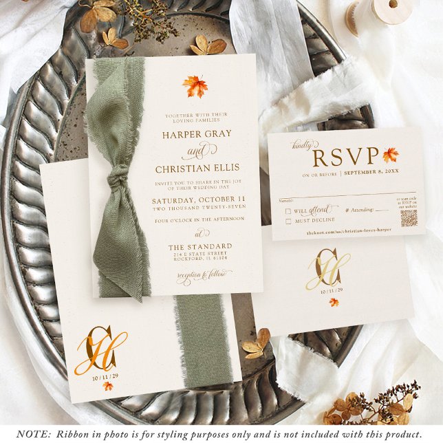 Invitation Mariage Élégant Feuilles d'Automne Ruban Rustique (Elegant ivory rust orange brown watercolor fall maple leaf simple modern Autumn wedding invitation)