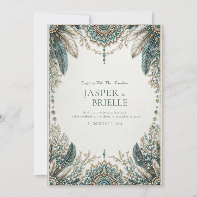 Invitation Mariage Élégant Filigrane Orné de Plume de Teal (Devant)