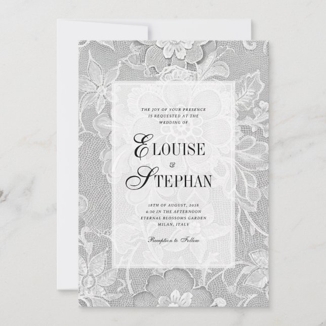 Invitation Mariage Élégant Fleur Blanc Dentelle (Devant)