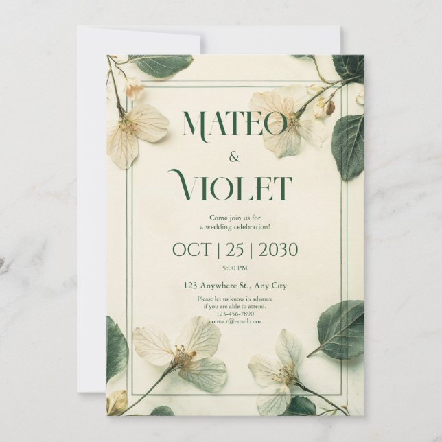 Invitation Mariage Élégant Fleur Blanche Botanique Vintage (Devant)