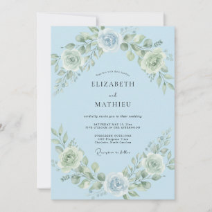 Invitation Mariage Élégant Fleur Bleu Ciel