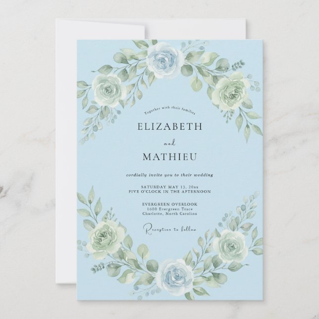 Invitation Mariage Élégant Fleur Bleu Ciel (Devant)
