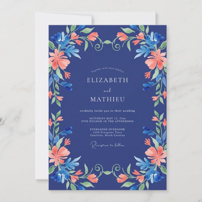 Invitation Mariage Élégant Fleur Bleu de Nuit (Devant)