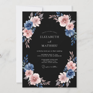 Invitation Mariage Élégant Fleur Bleue Rose