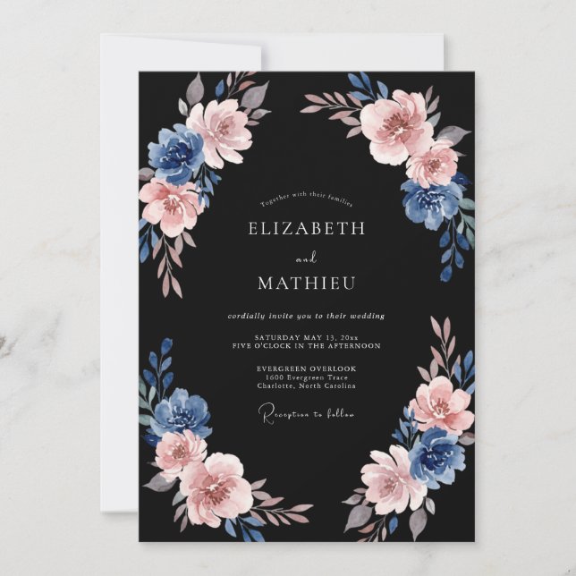 Invitation Mariage Élégant Fleur Bleue Rose (Devant)