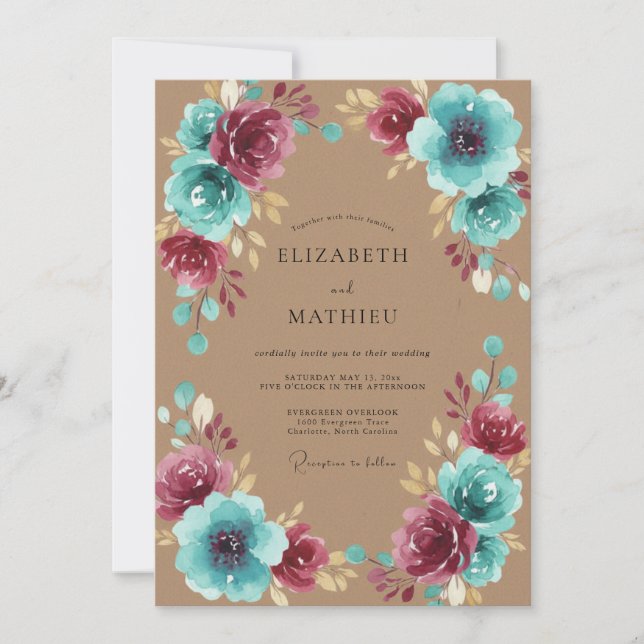 Invitation Mariage Élégant Fleur d'Aqua et Prune (Devant)