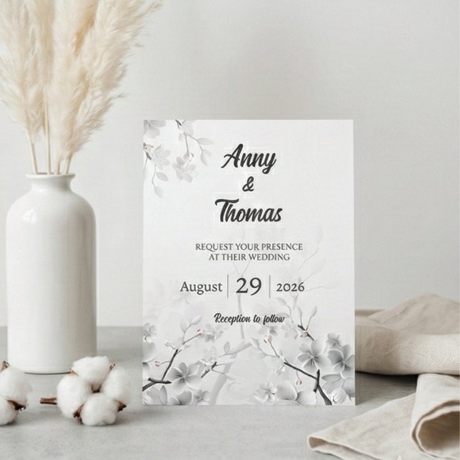 Invitation Mariage Élégant Fleur de Cerisier Blanc & Argent (Créateur téléchargé)