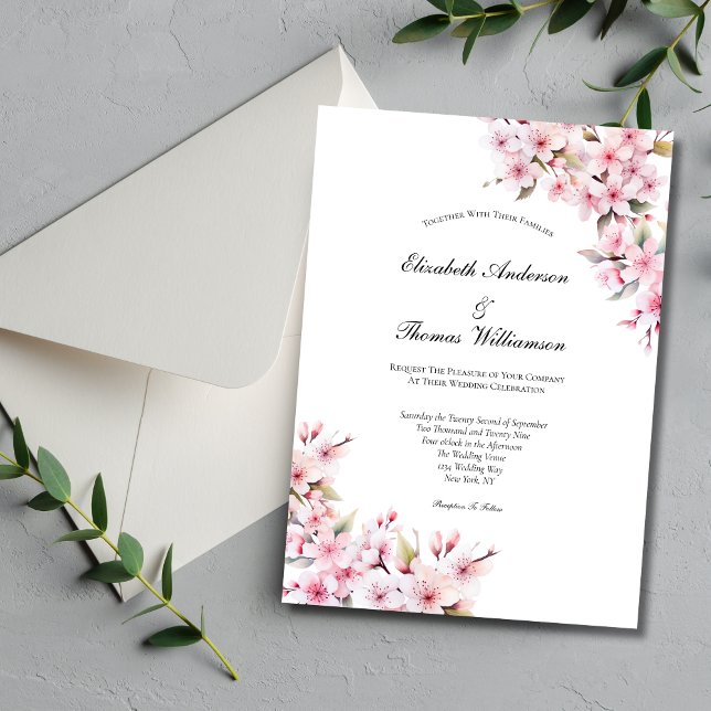 Invitation Mariage Élégant Fleur de Cerisier Sakura Rose (Pink Sakura Cherry Blossom Floral Watercolor Elegant Wedding Invitation)
