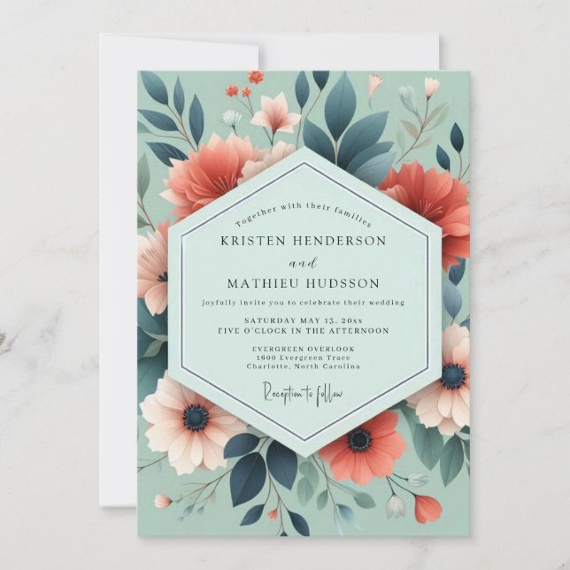 Invitation Mariage Élégant Fleur de Corail Sage (Devant)