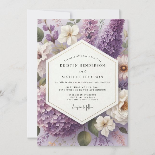 Invitation Mariage Élégant Fleur de Lilas (Devant)
